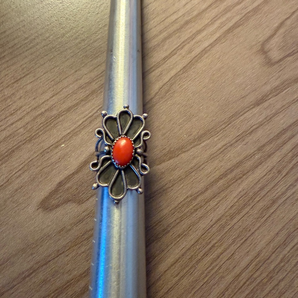 Starling Silver Native American made Sterling Silver and Corral Ring.